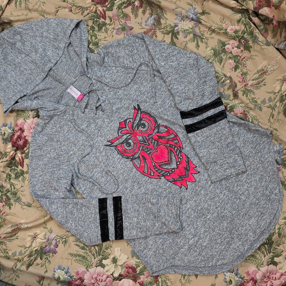 Gray Hoodie with Red Owl Design